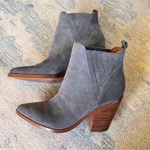 MARC FISHER GRAY SUEDE WESTERN SNIP TOE CHELSEA ANKLE BOOTIE STACKED HEEL 8.5